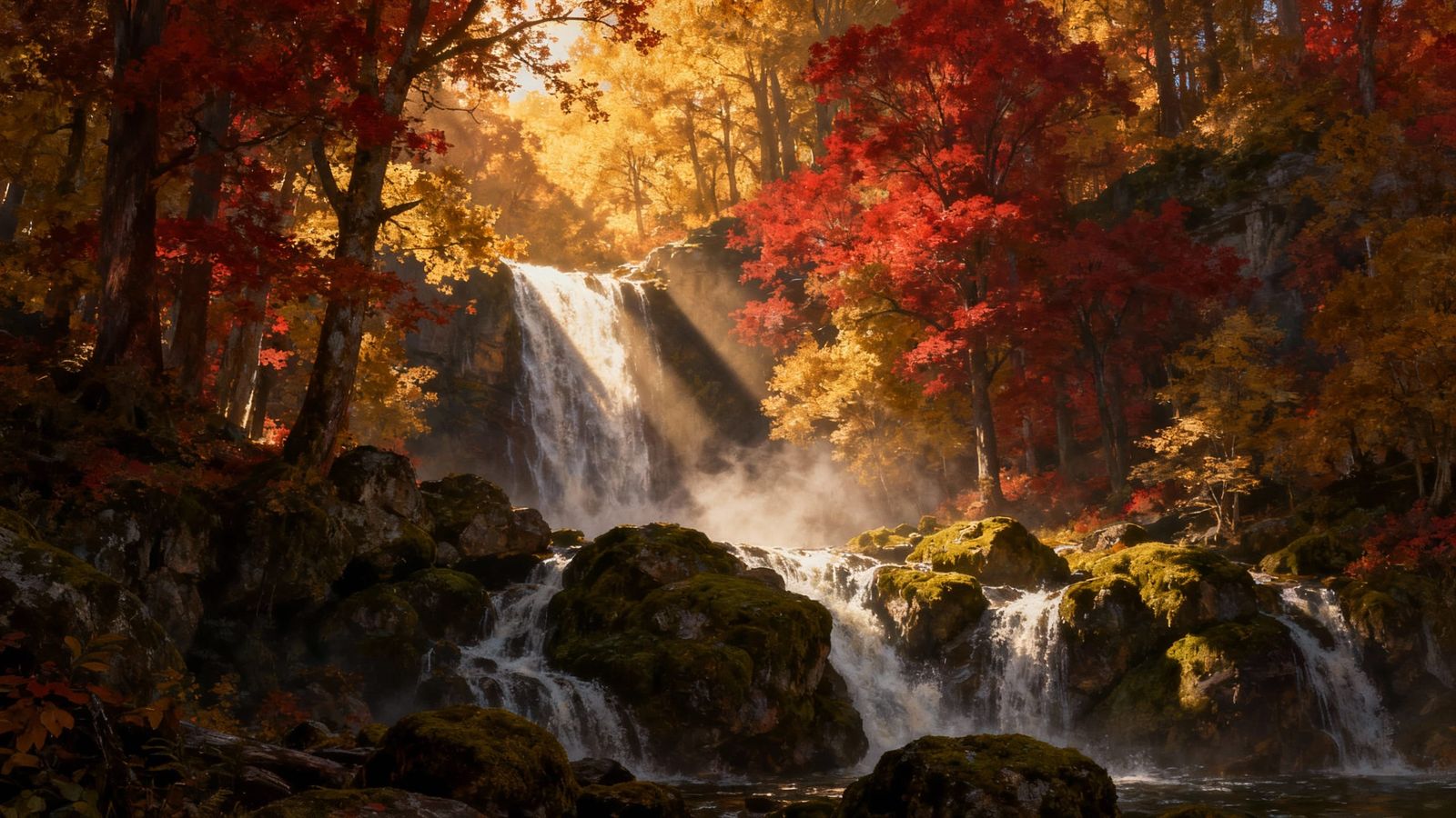 Autumn waterfall scene. Epic cinematic brilliant stunning in...