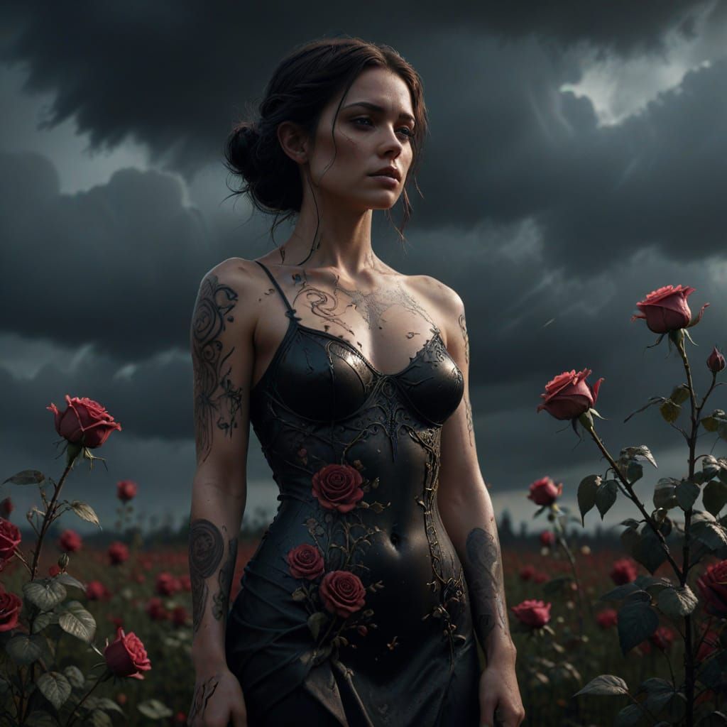Ethereal Woman with Dark Fantasy Tattoos in Stormy Rose Fiel...