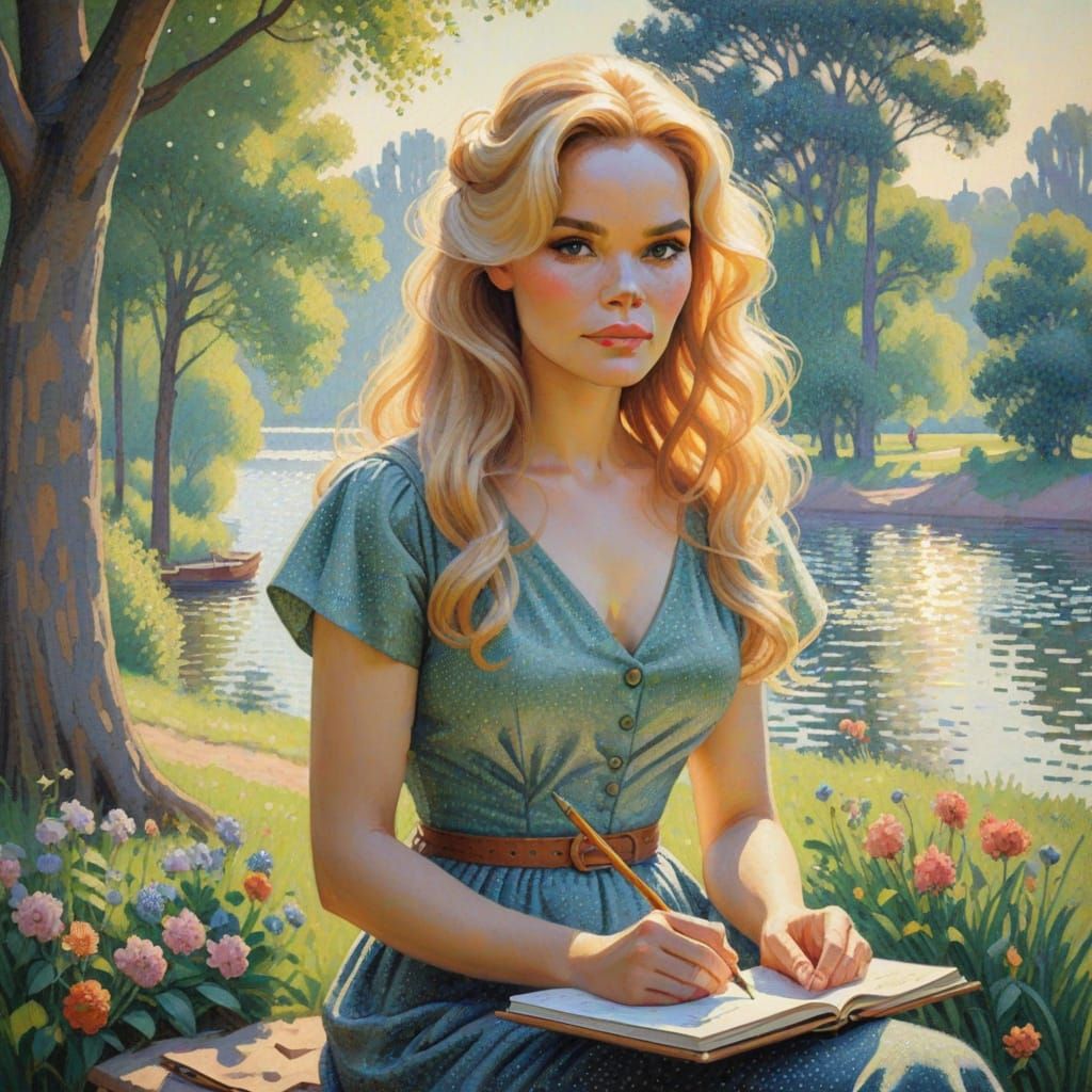 Serene Park Portrait in Pointillism Style