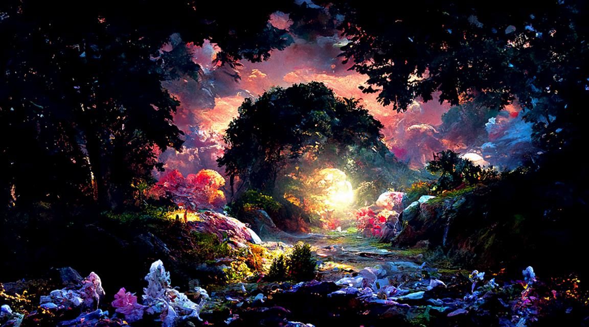 Pink Forest Landscape with Glowing Moon and Ethereal Light