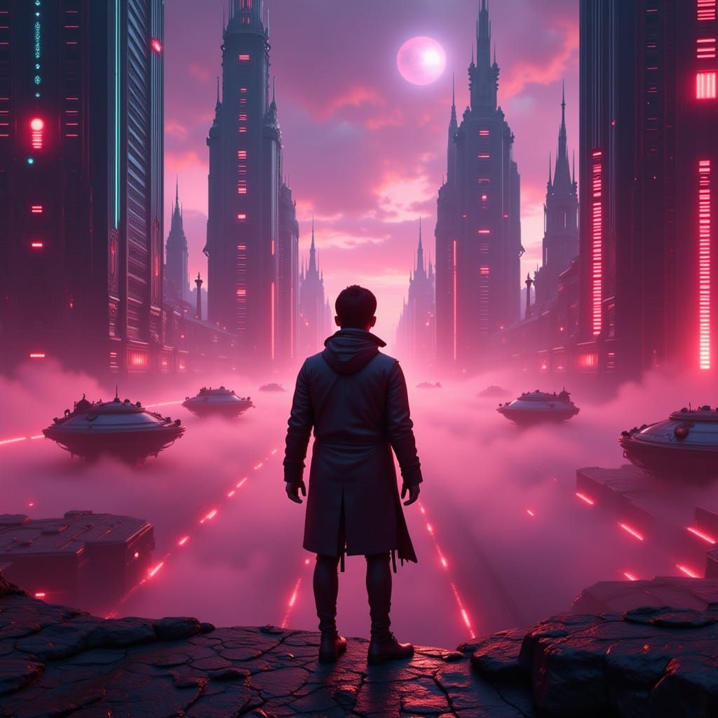 Dystopian Cyberpunk Cityscape with Volumetric Lighting