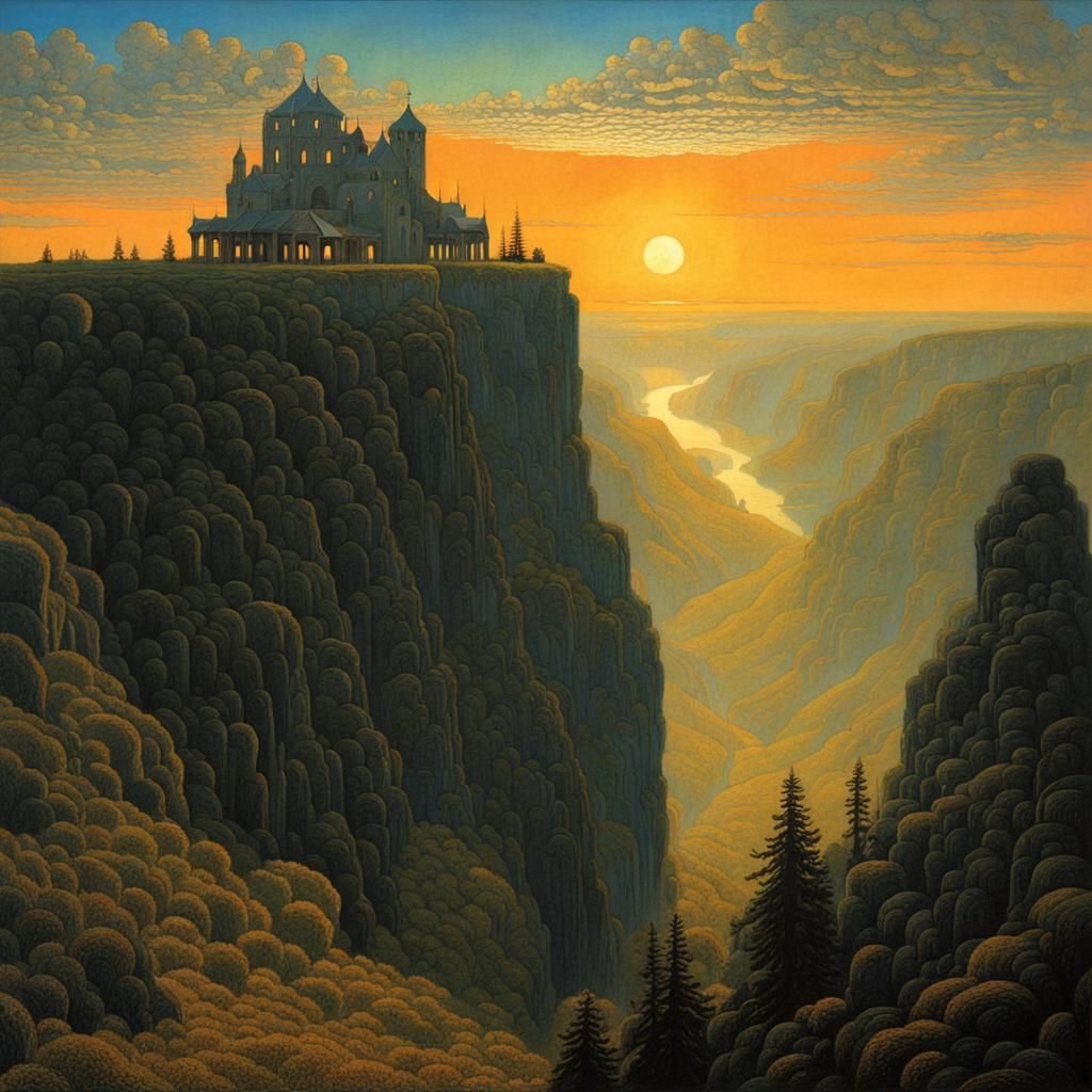 Eerie Gorge Landscape in Dual Artistic Styles