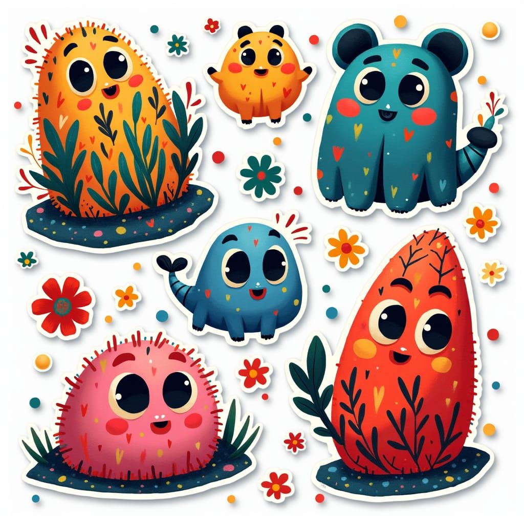 Playful Cartoon Stickers in Abstract Art Style