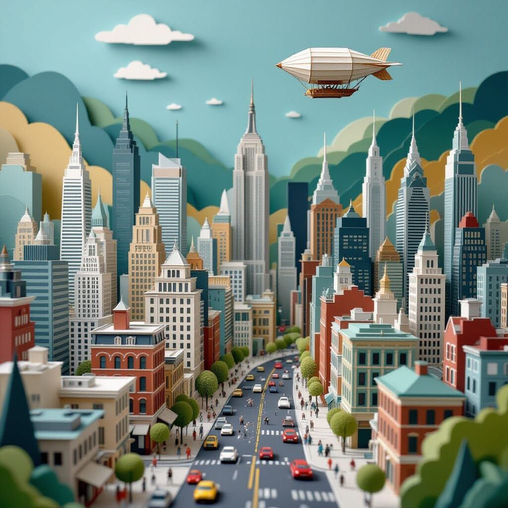 Layered Paper Cityscape with Paper Airship