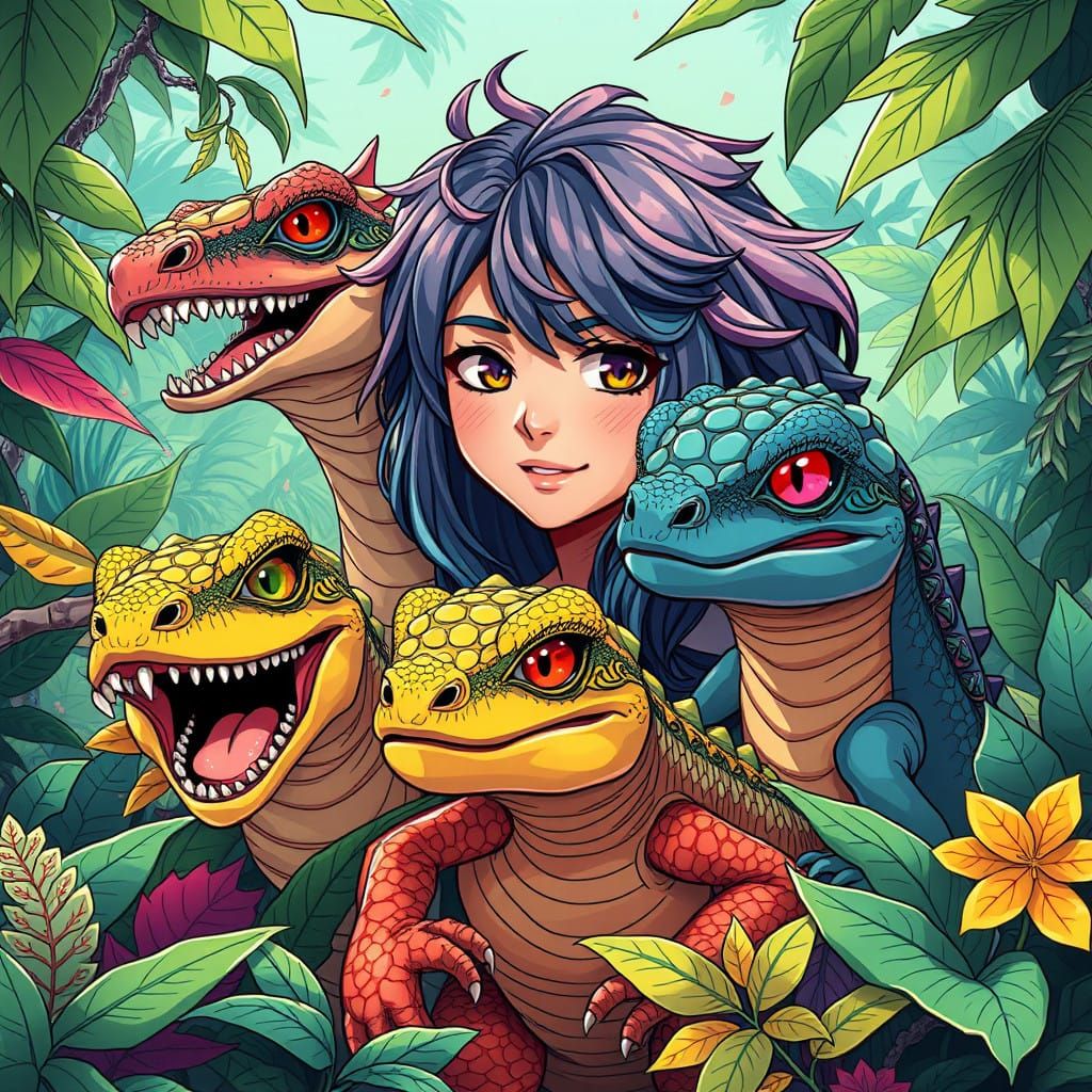 Anime-Inspired Portrait of Adventurer and Reptile Companions...