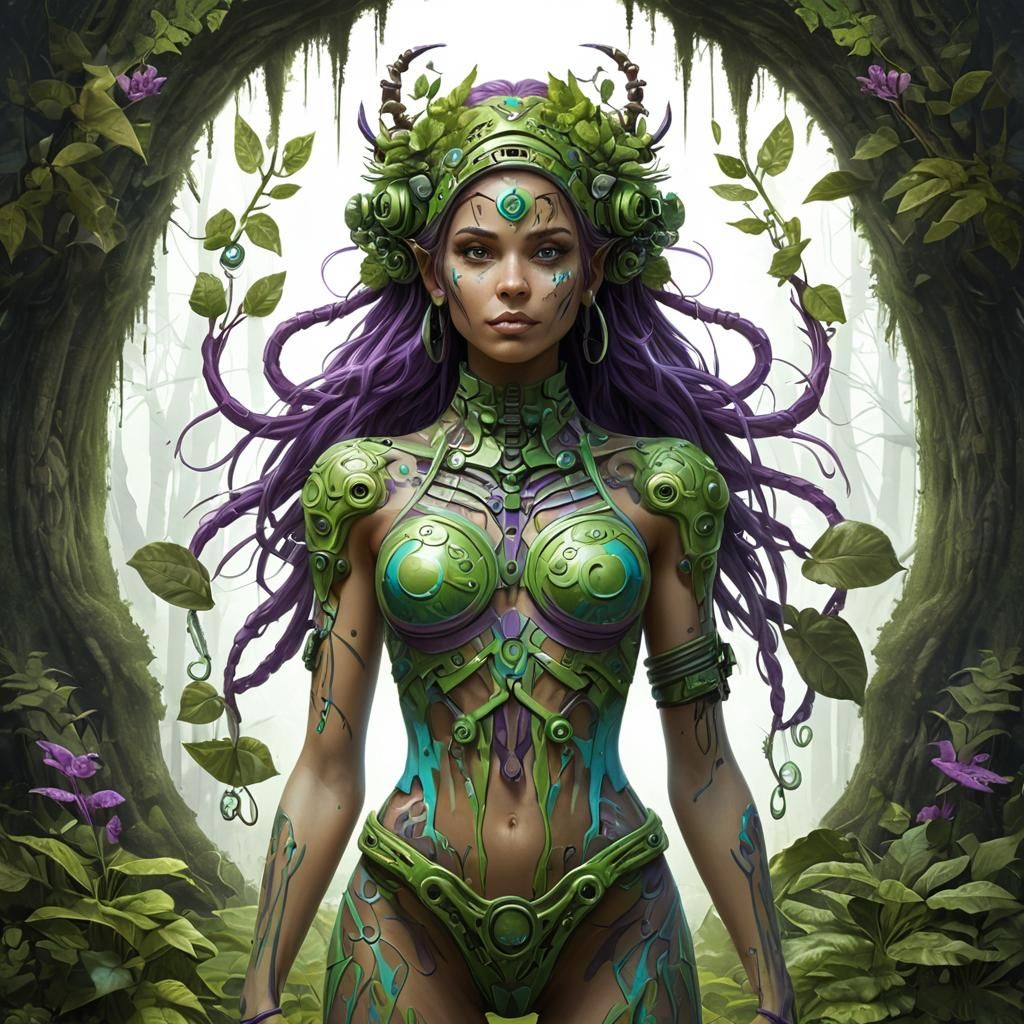 Biopunk Woman in Enchanted Forest, 3D Illustration