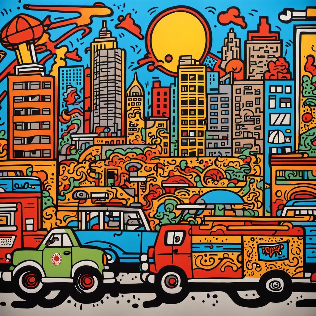 Chicago Cityscape Mural in Keith Haring Style
