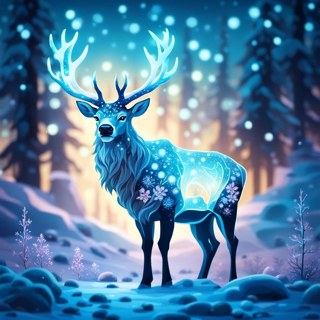 Icy Stag in Bioluminescent Winter Wonderland