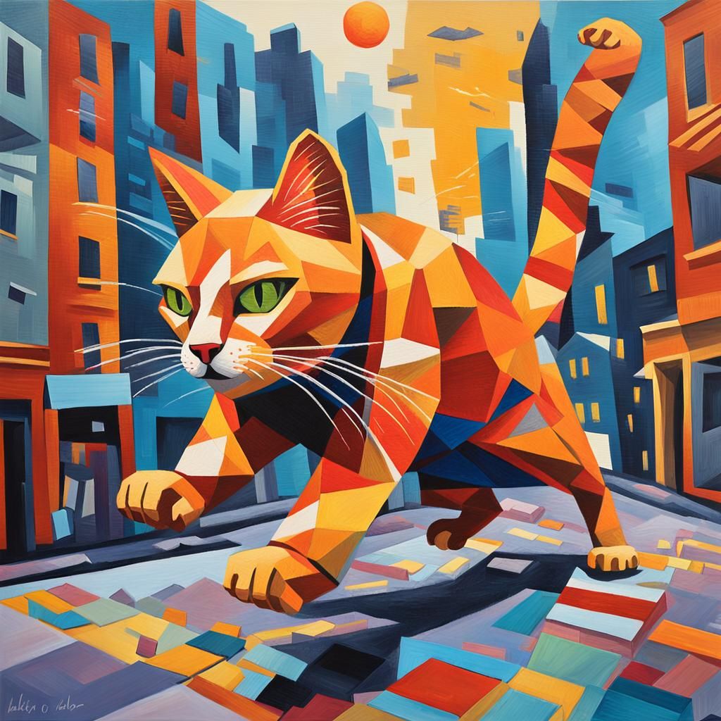 Breakdancing Cat in Urban Gouache Impasto Style