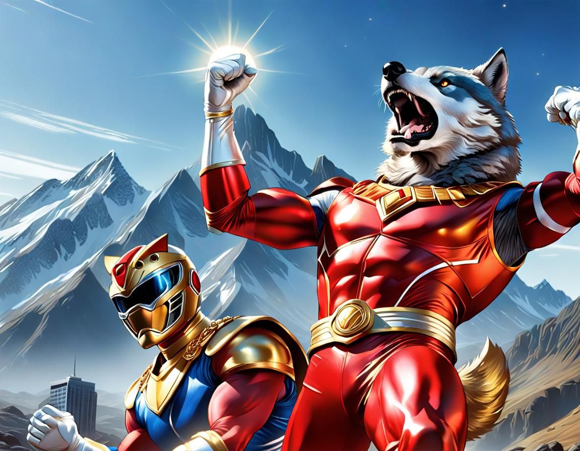 Wolf Power Ranger Versus Robot in Comic Book Style