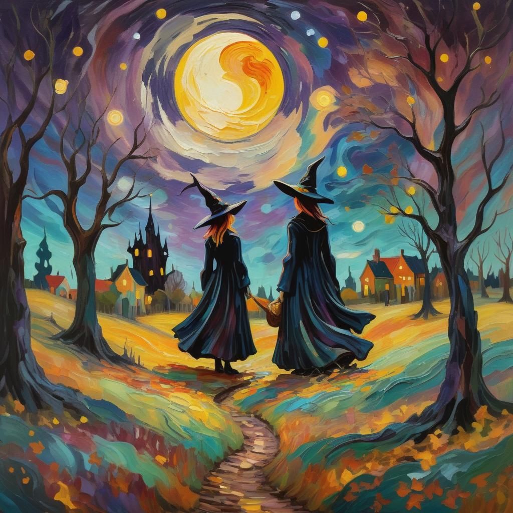 Whimsical Halloween Witch in Post-Impressionist Style