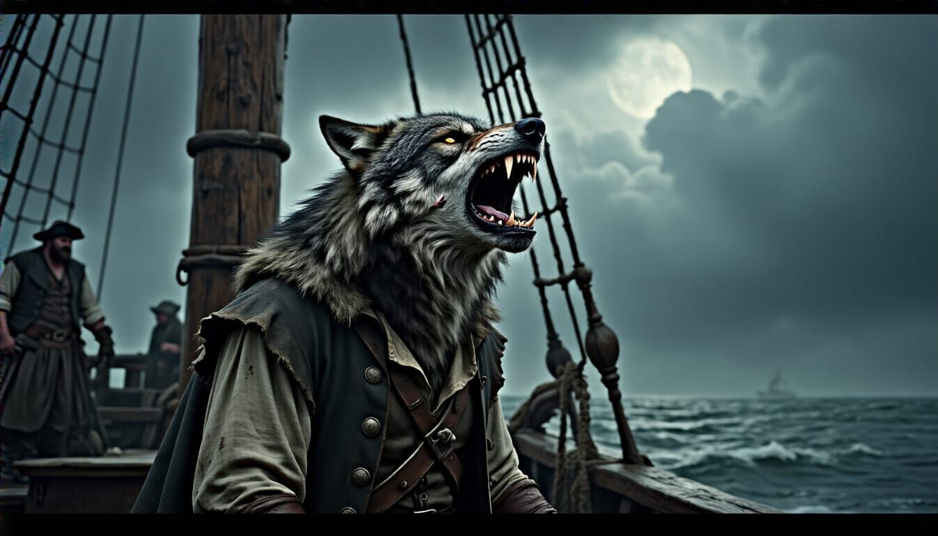 Grizzled Wolf Pirate Howls at the Moon
