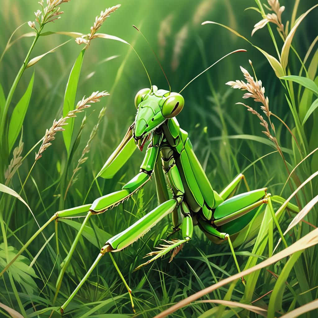 Green Praying Mantis in Anime Style