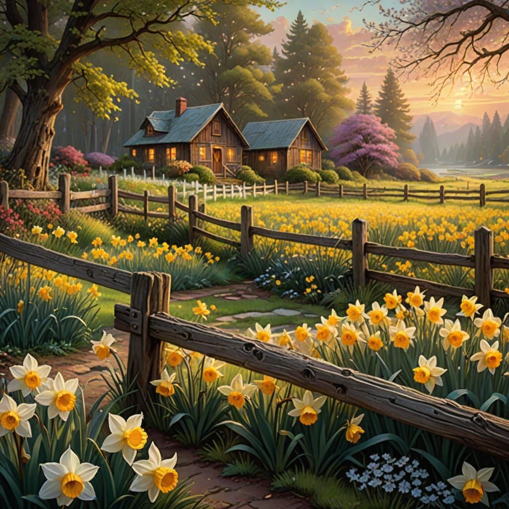 Ethereal Daffodils Near a Weathered Wooden Fence