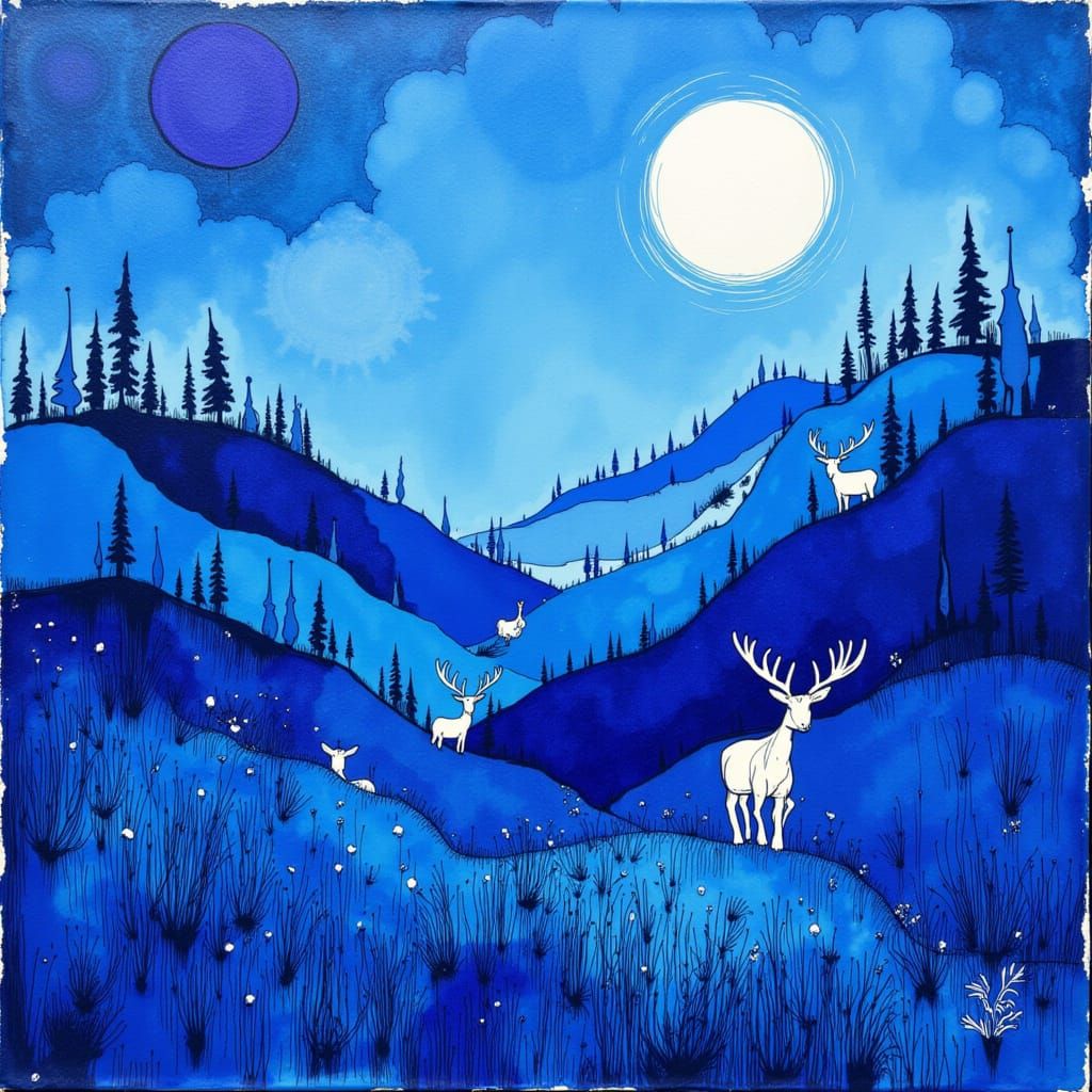 Surreal Blue Landscape with Luminescent Deer