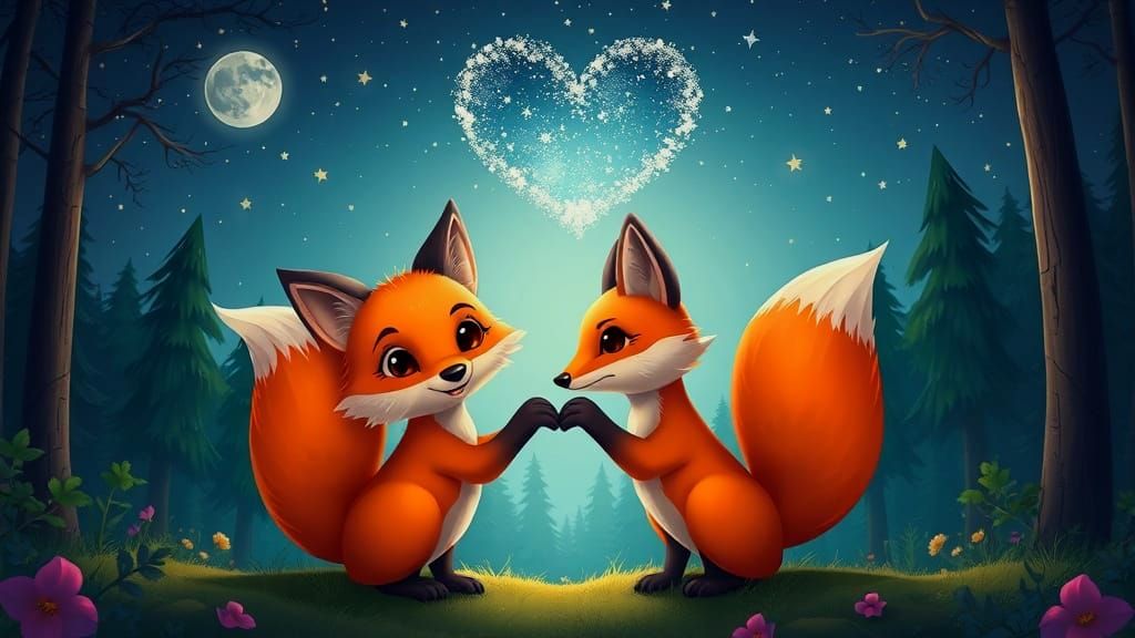 Romantic Cartoon Fox Couples in Moonlit Forest