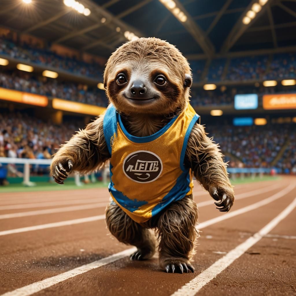 Baby Sloth Athlete in Motion: Oil Painting