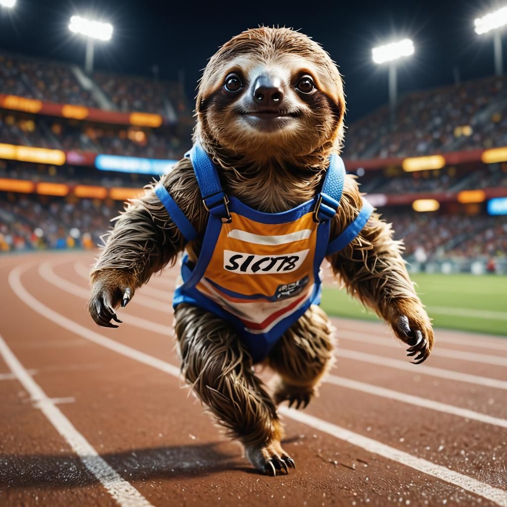 Baby Sloth Athlete on Track in Motion Blur Painting