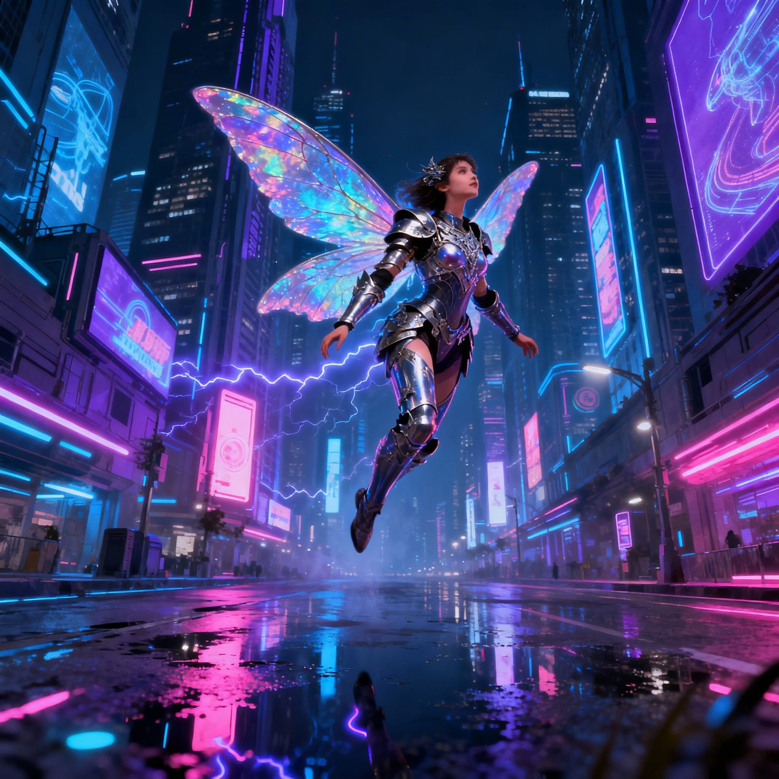 Cyberpunk Fairy in Neon City Street