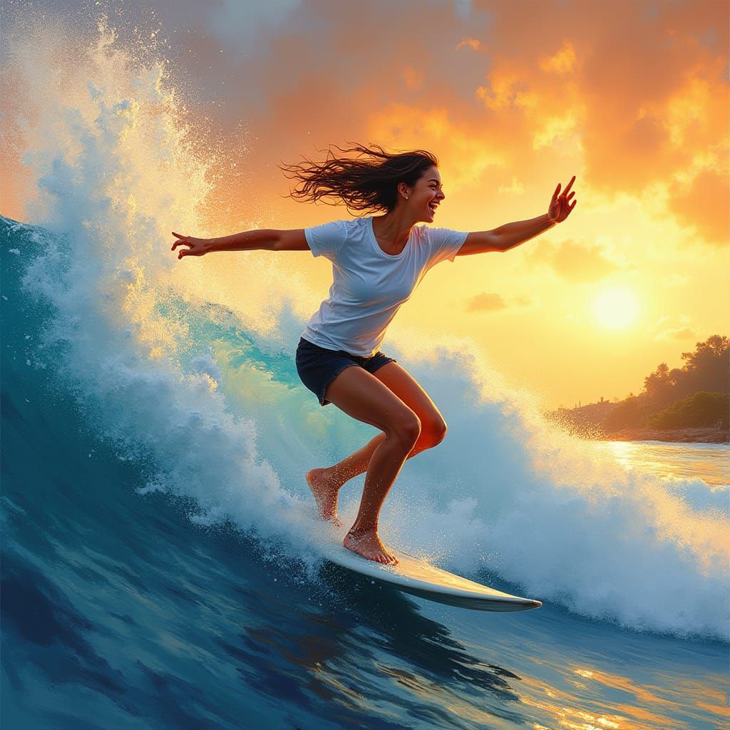 Joyful Surfer Girl Riding Wave at Golden Hour