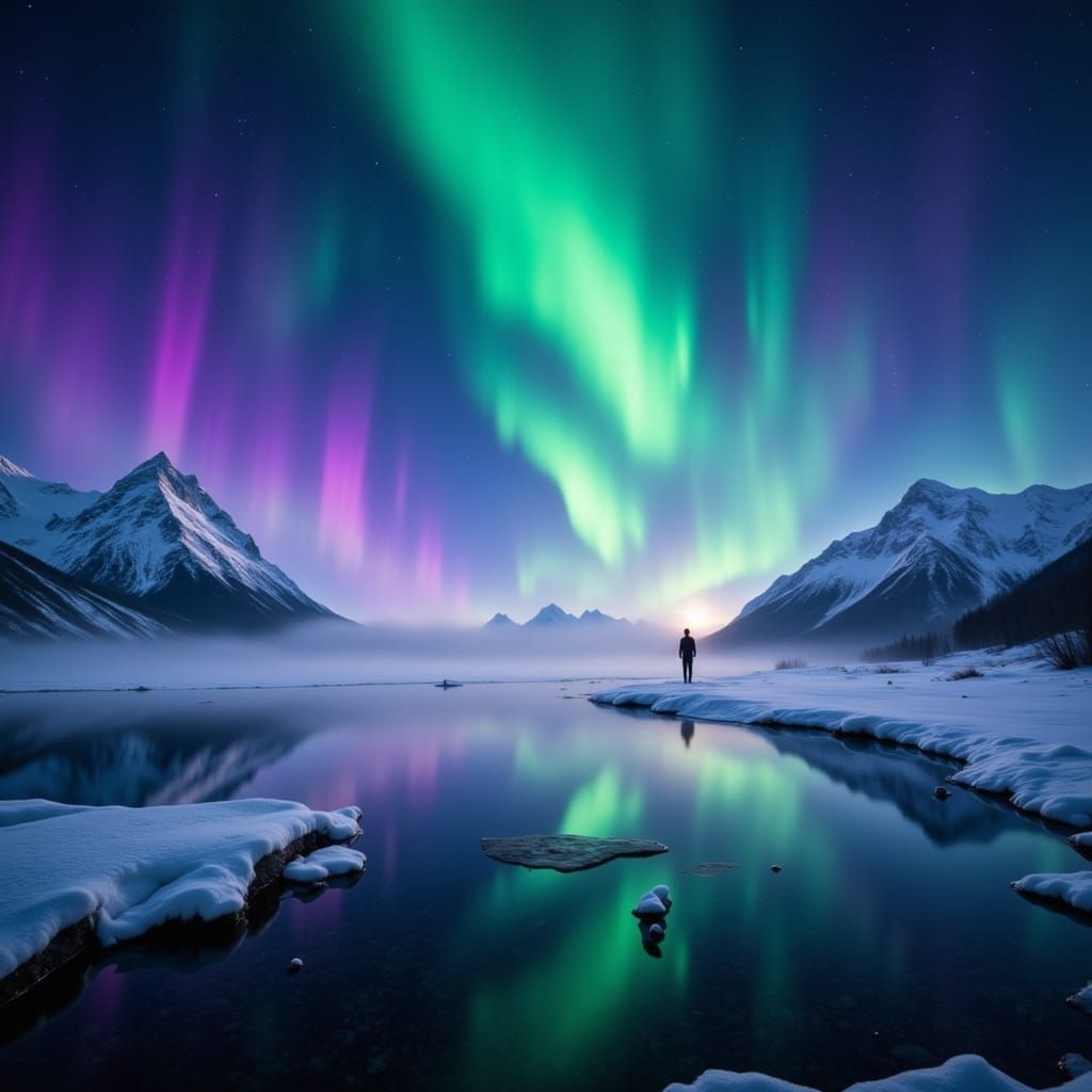 Vibrant Aurora Over Frozen Peaks and Mirror Lake