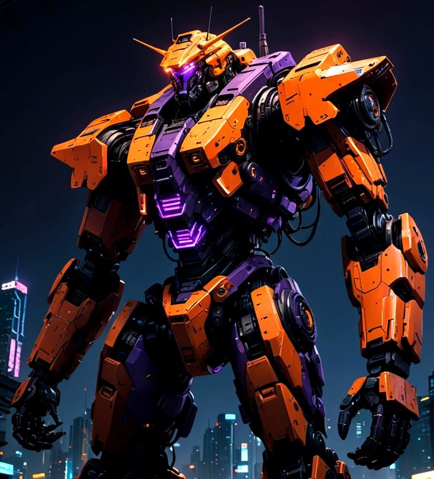 Orange Mech Patrols Neon City in Sci-Fi Style