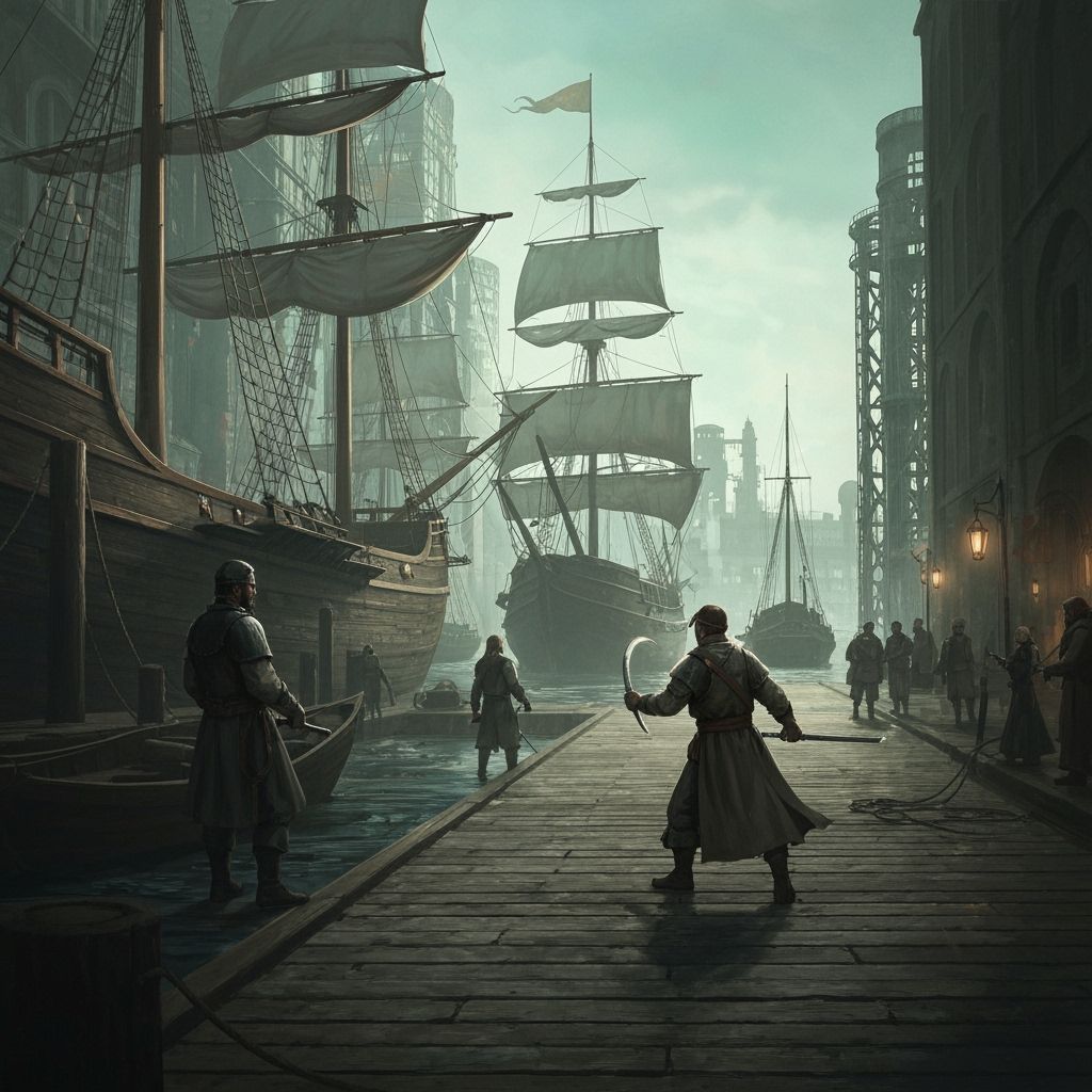 Medieval Harbor Brawl in Gritty Industrial Style