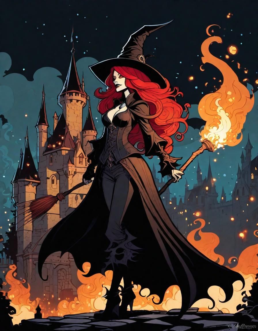 Gothic Female Witch with Red Hair in Cel-Shaded Style