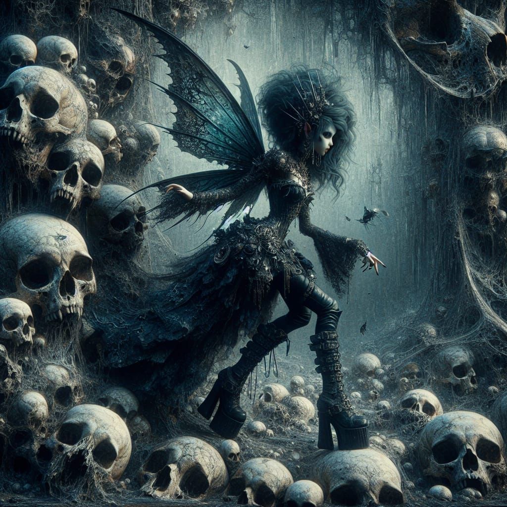 Gothic Fairy Amidst Feline Skulls in Macrophotography Style