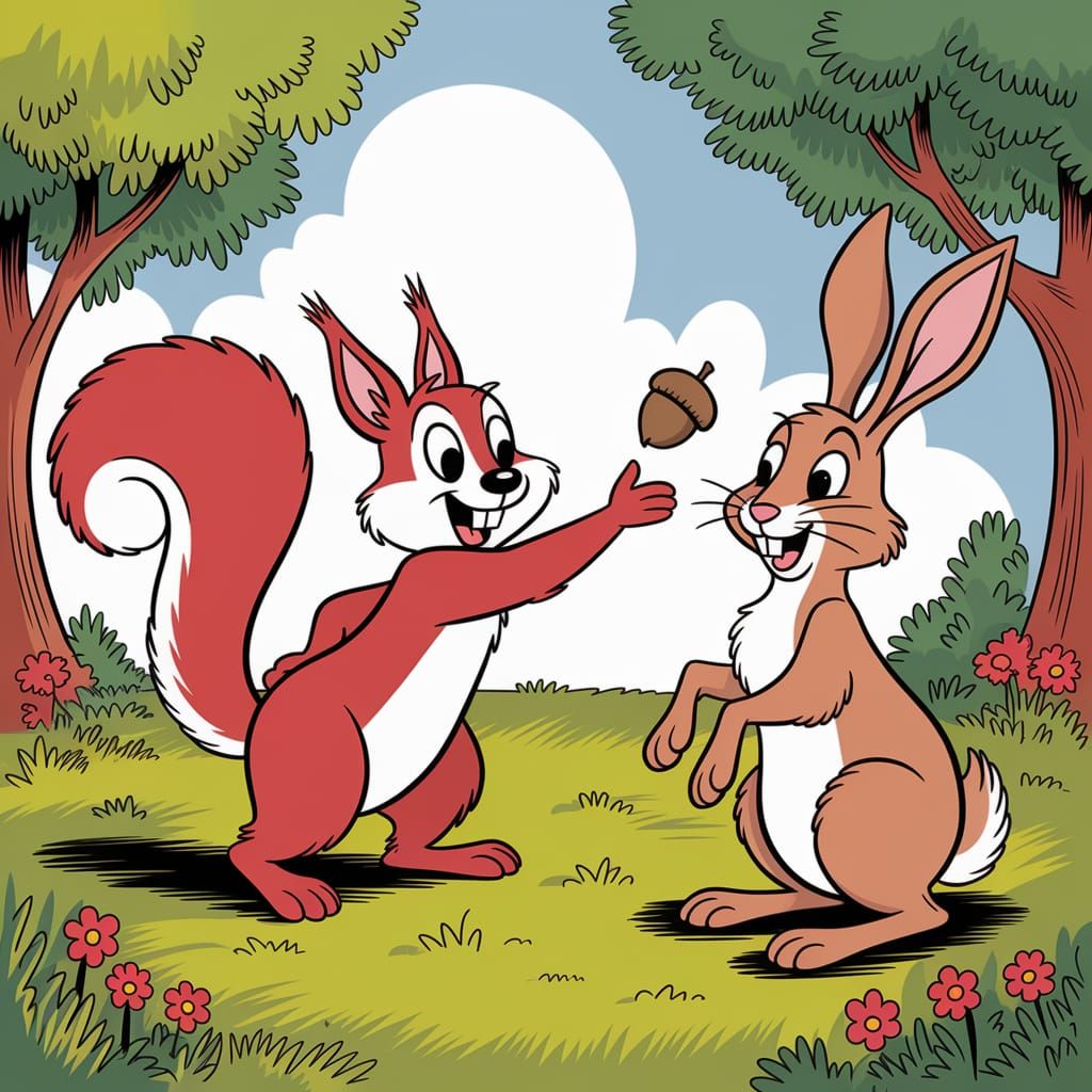 Squirrel and Hare Playful Cartoon Illustration