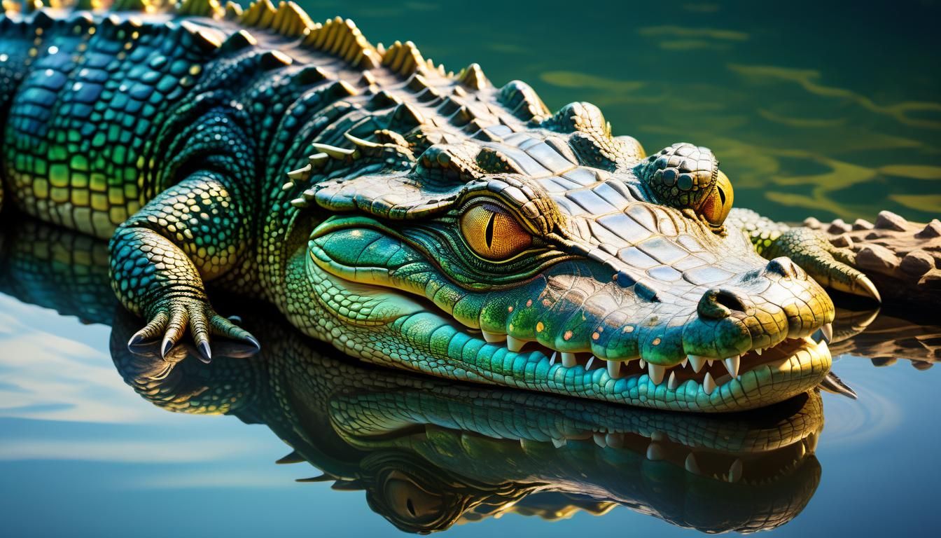 Iridescent Crocodile Floats in Mirrored Lake