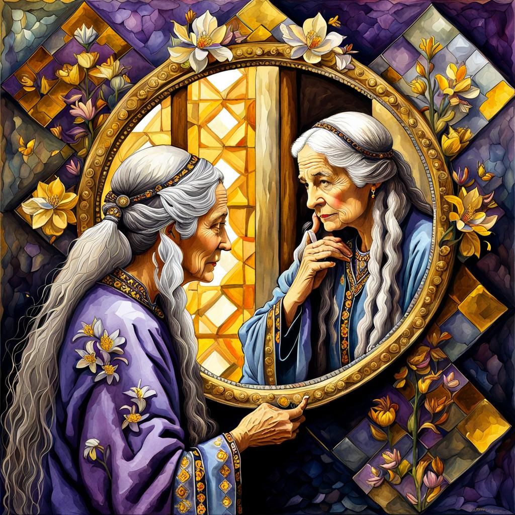 Old Woman's Surreal Reflection as Watercolor Mosaic