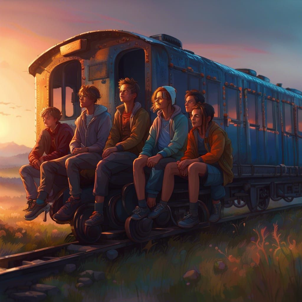 Teenagers on Train at Dawn, Detailed Digital Art