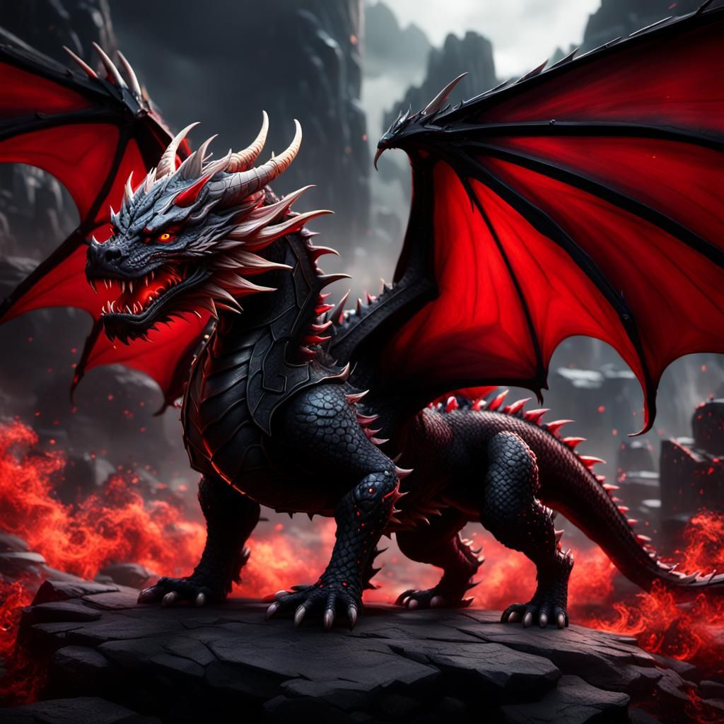 Fantastical Black and Red Dragon Dog in Detailed Matte Paint...