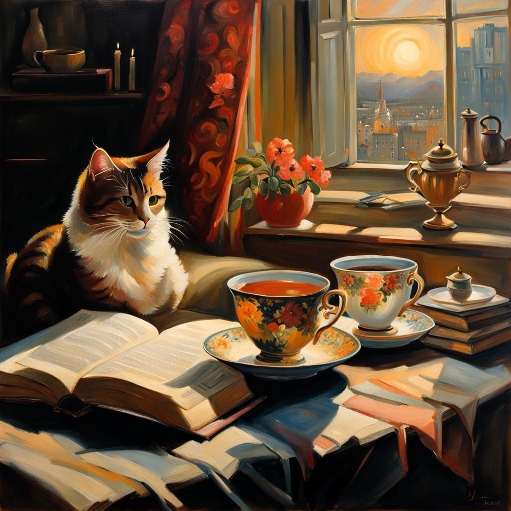 Evening Tea with Book and Cat: Gestural Painting