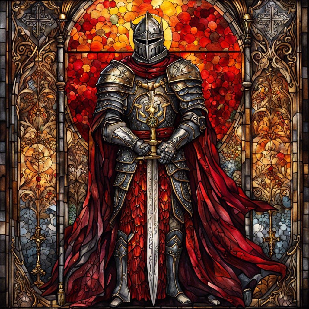 Gothic Knight with Sword in Stained Glass Style