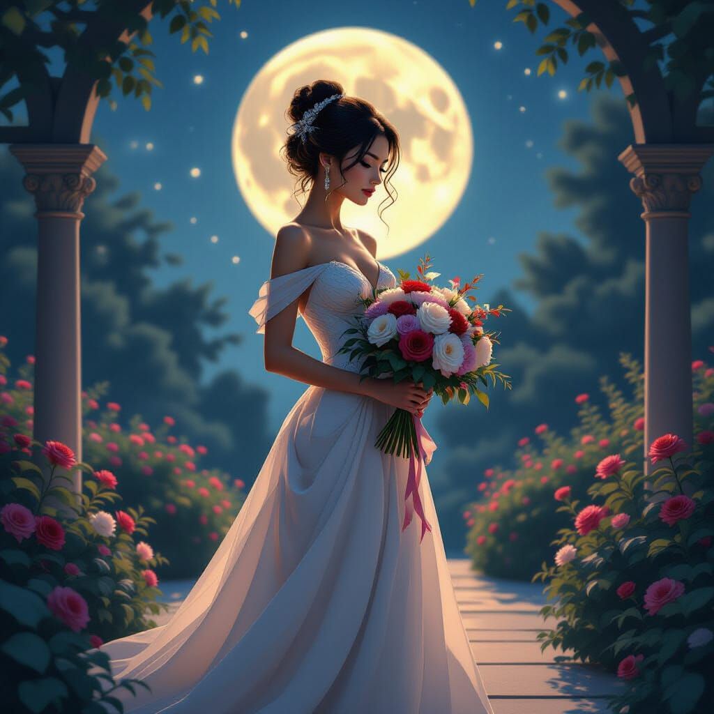 Android in Moonlit Garden, Romantic Digital Art