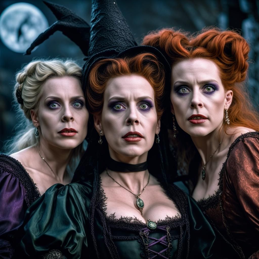Creepy Witches from Hocus Pocus in Hyperrealistic Style