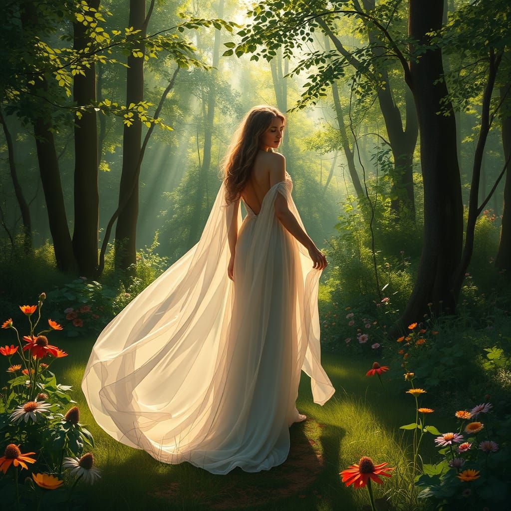 Ethereal Woodland Goddess in Art Nouveau Style