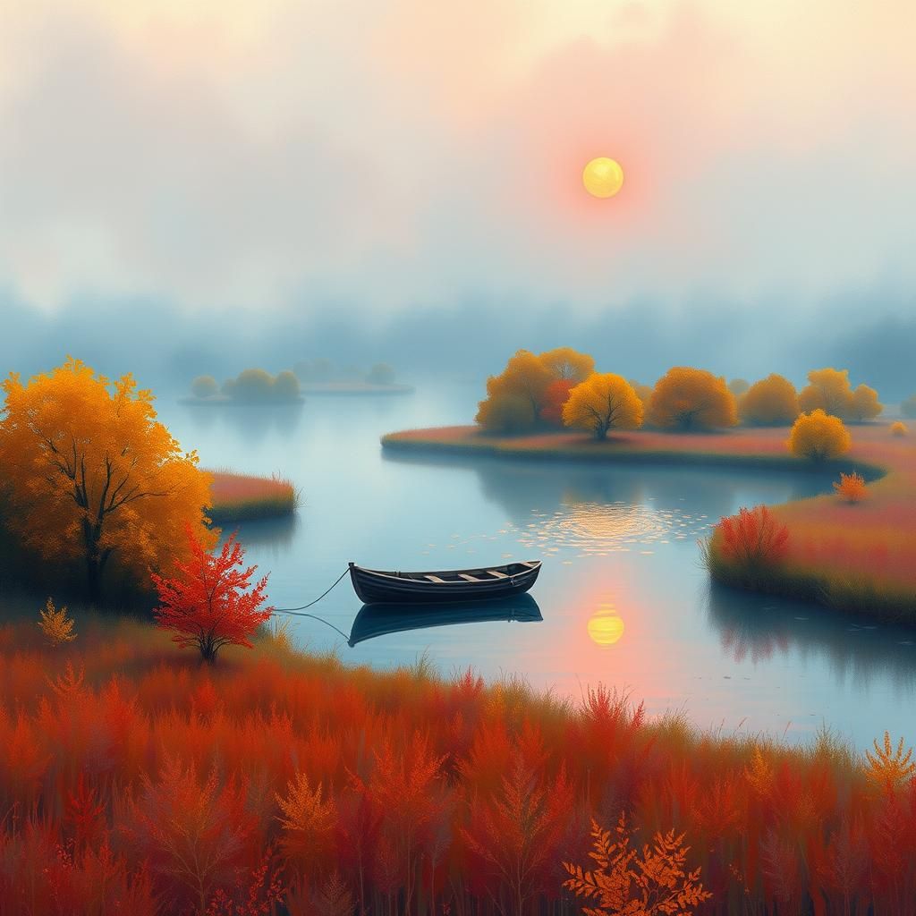 Misty Lake Solitude in Impasto Style