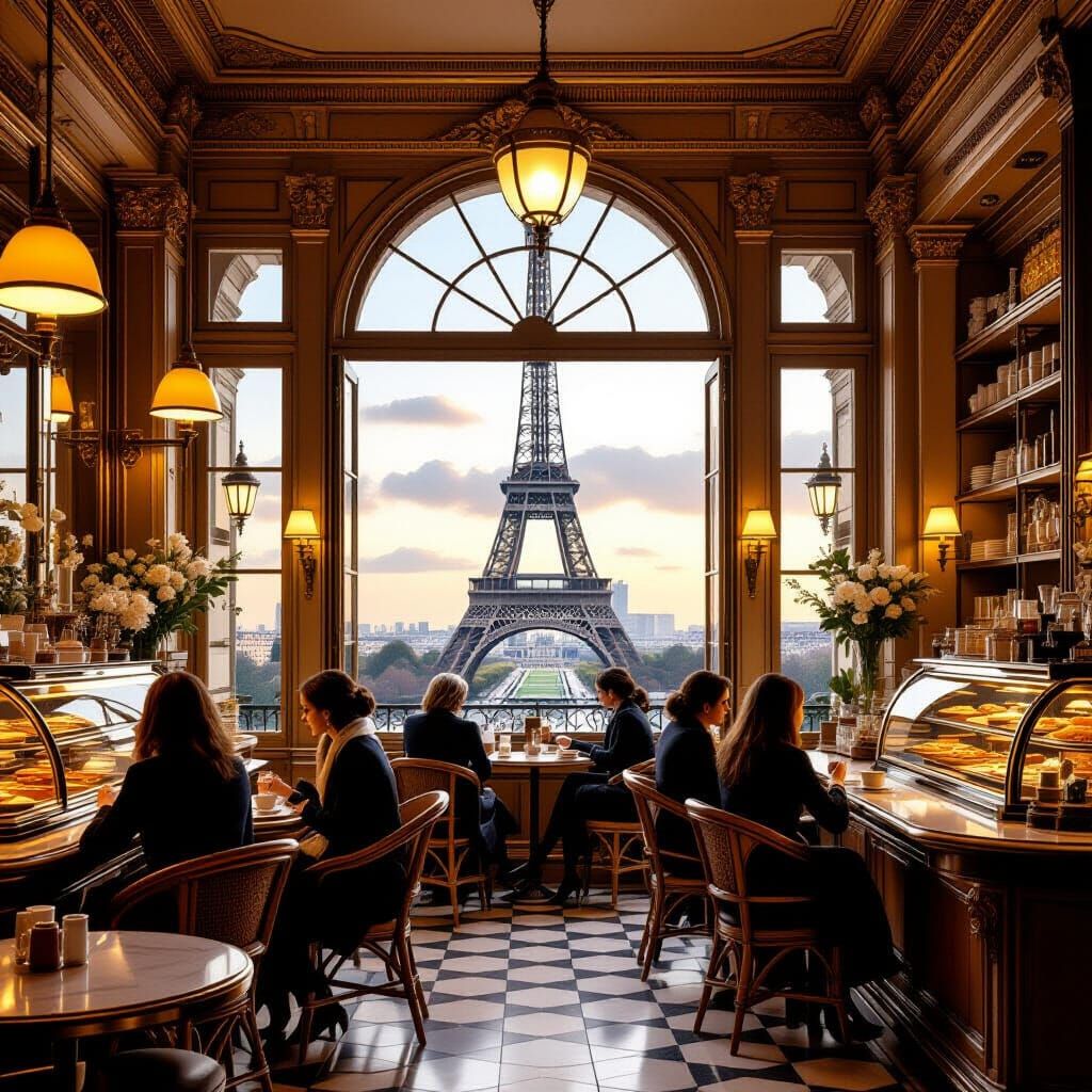 Nostalgic French Patisserie Interior with Eiffel Tower
