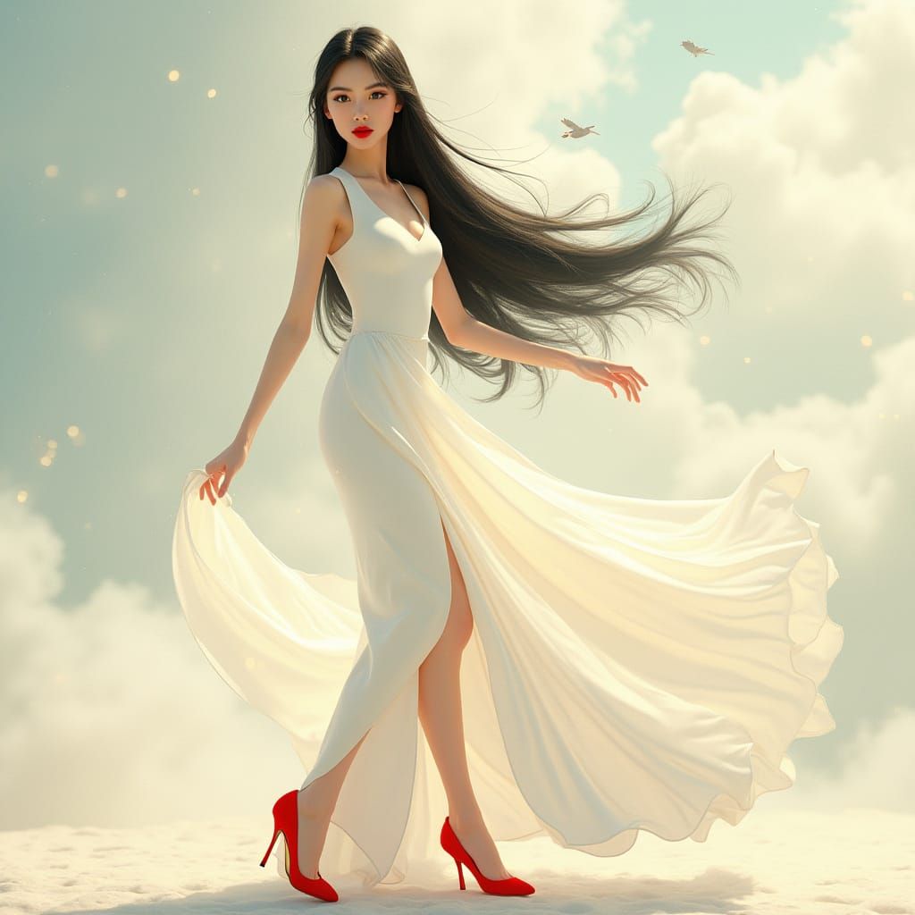 Elegant Chinese Woman Pencil Sketch in Art Nouveau Style