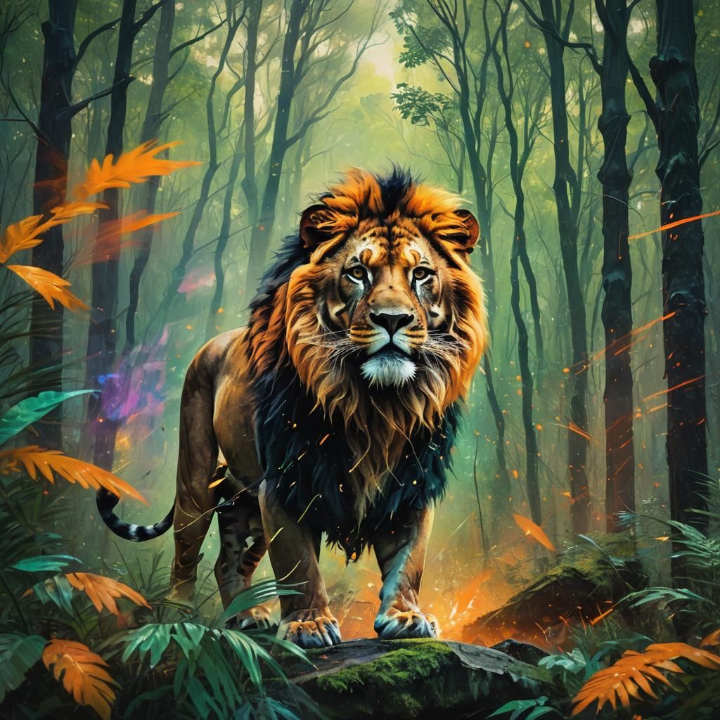 Double Exposure Splash Art: Lion and Tiger in Forest