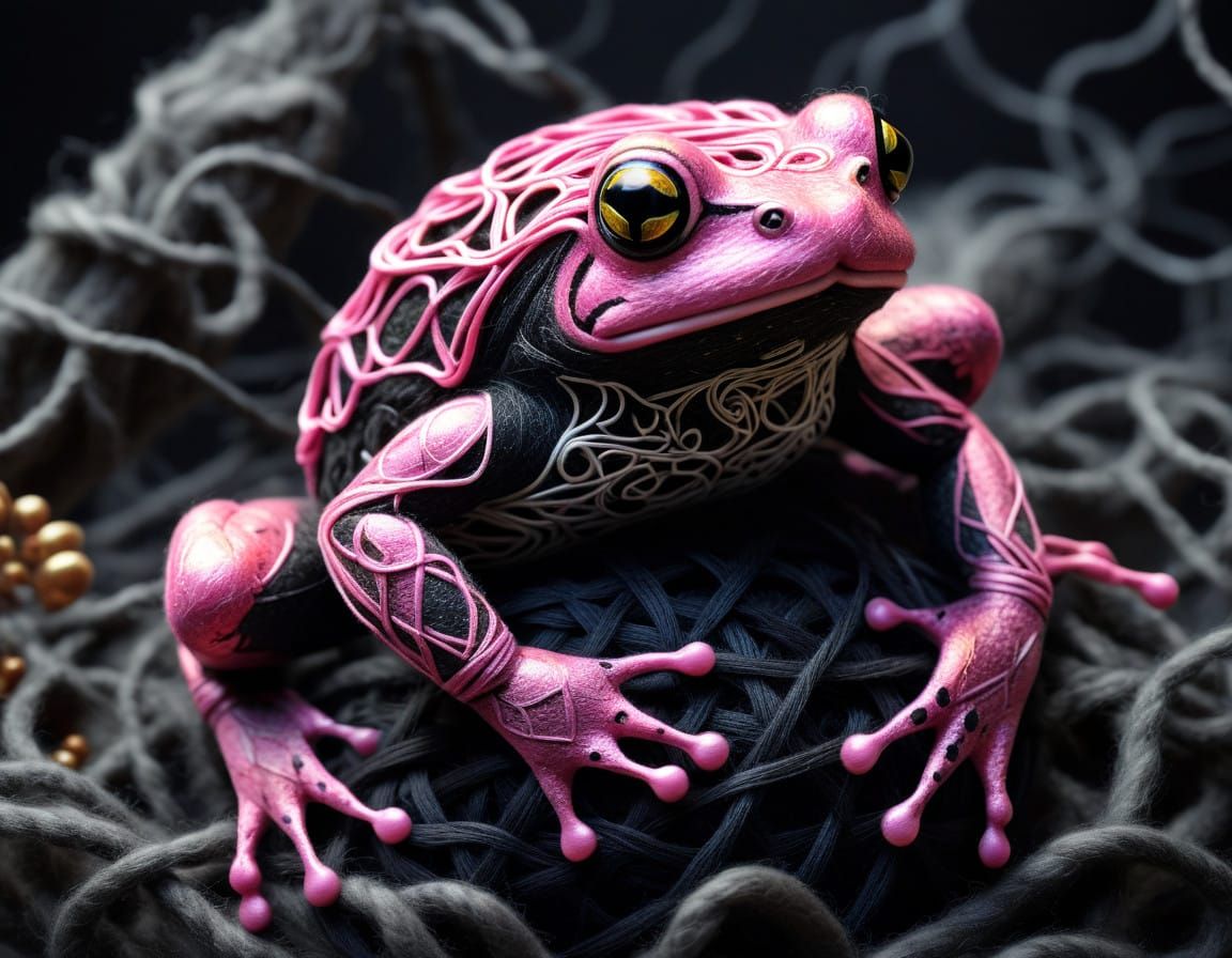 Surreal Felted Wool Frog in Enchanted Satin Webs