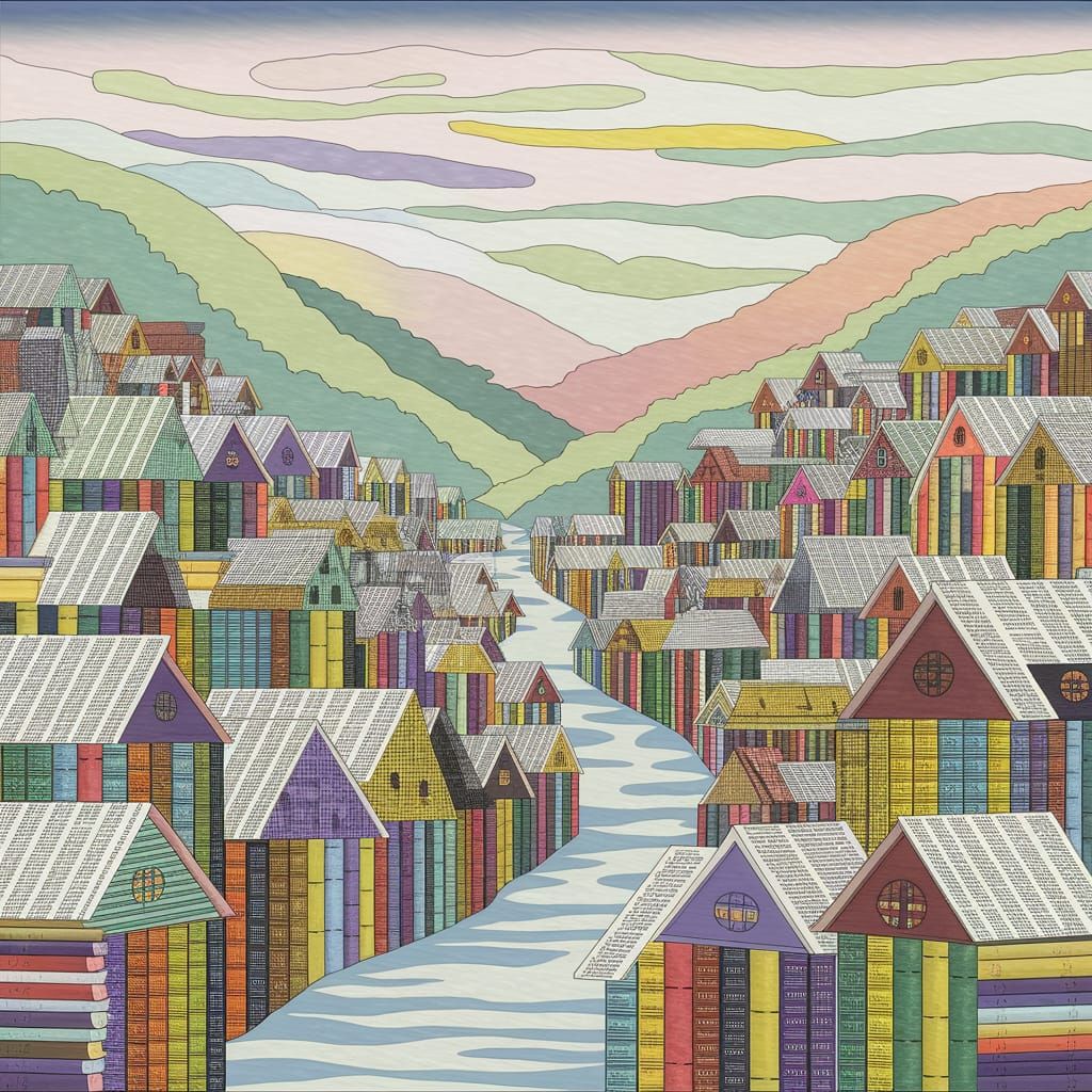 Vermont Village Made of Books in Soft Pastel Hues