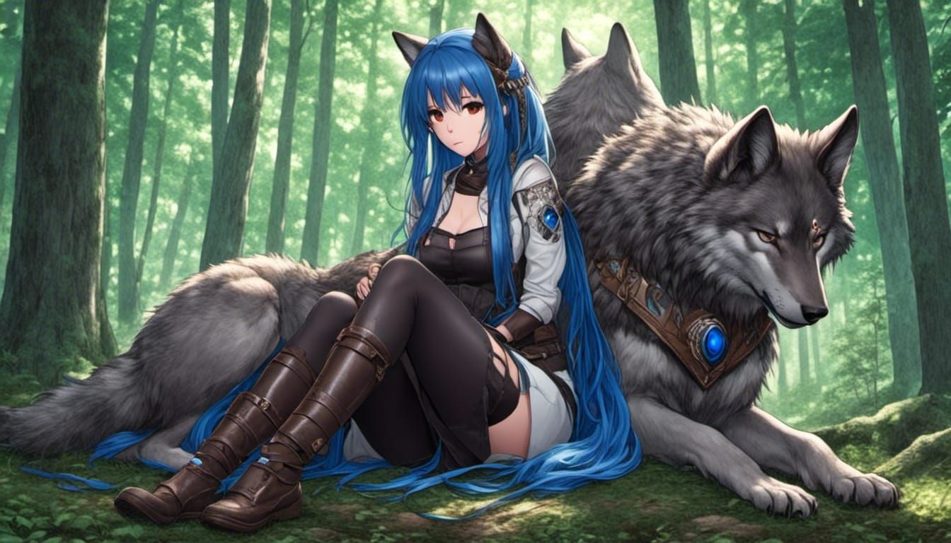 Anime Girl with Wolf Ears in Forest Armor