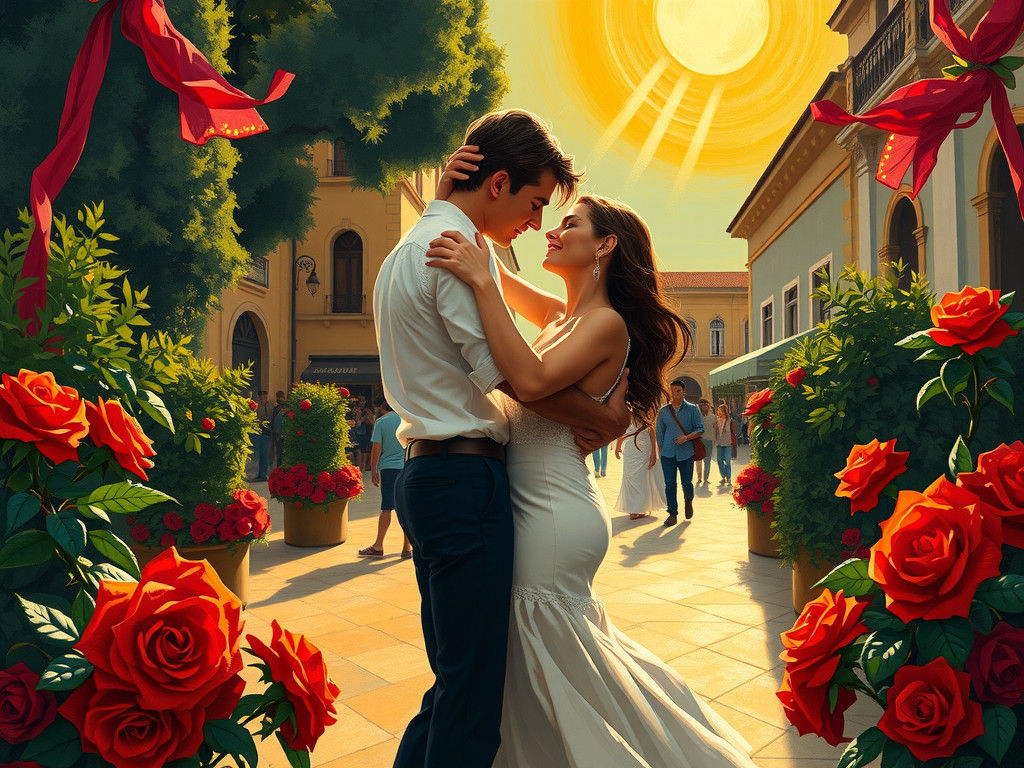 Tango Passion in Sun-Drenched Plaza, Gouache Style