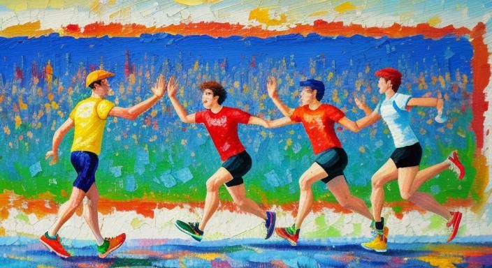 Friends Cheer on Marathon Runner in Expressionist Oil Painti...