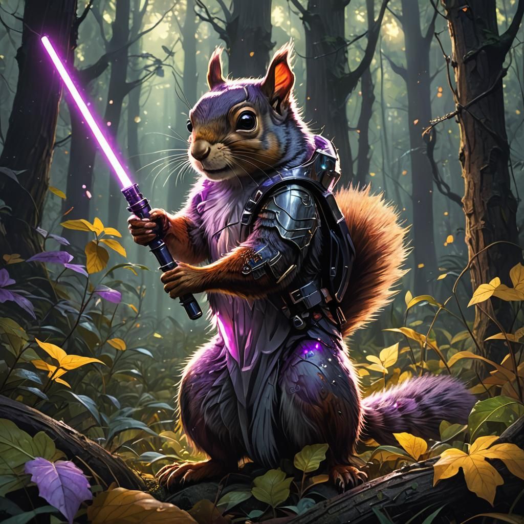 Squirrel Warrior in Mystical Forest, Digital Art