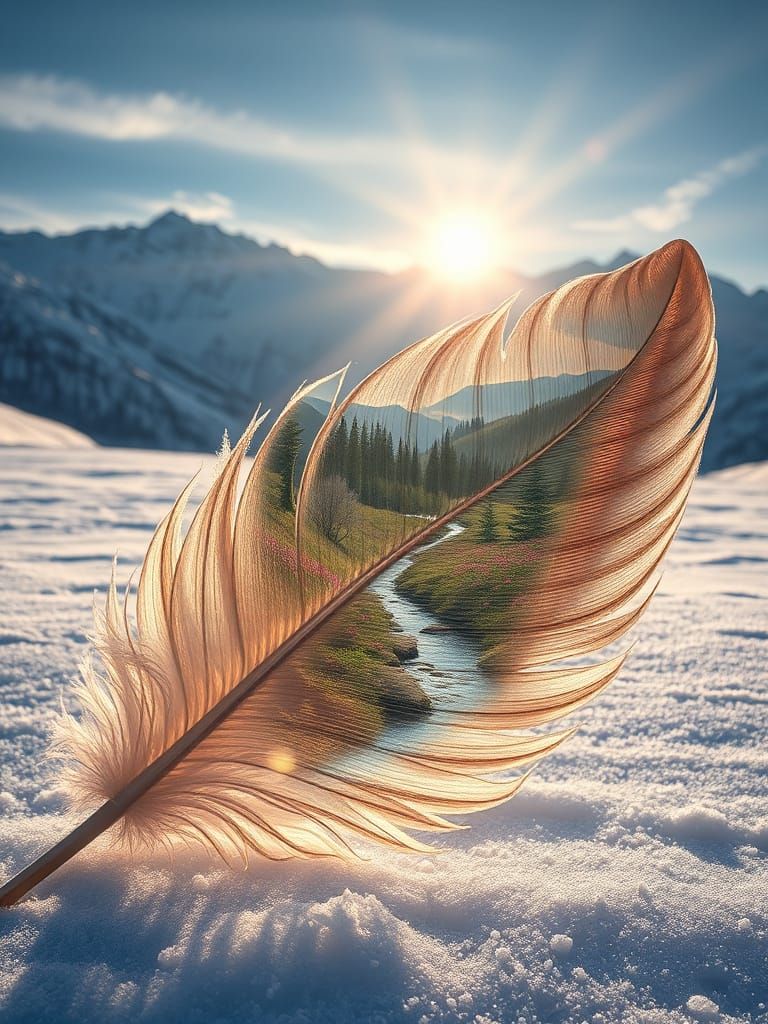 Feather with Spring Valley Double Exposure on Snowy Mountain...